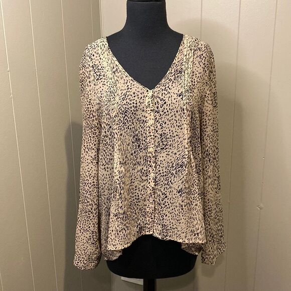 Anthropologie Pins & Needles Long Sleeve Leopard Print Blouse Medium Pleated - Picture 1 of 8